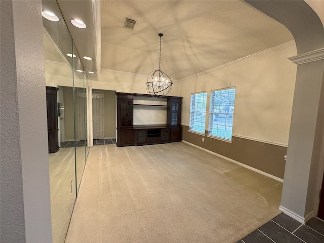 2406 Meadow Tree Ln, Spring, TX 77388 - unfurnished living room with carpet, ornamental molding, baseboards, recessed lighting, and a chandelier