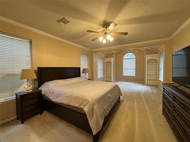 2406 Meadow Tree Ln, Spring, TX 77388 - bedroom with light carpet, baseboards, ornamental molding, a textured ceiling, and a ceiling fan