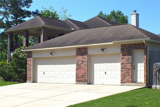 2406 Meadow Tree Ln, Spring, TX 77388 - view of side of home with brick siding, a shingled roof, driveway, a chimney, and an attached garage