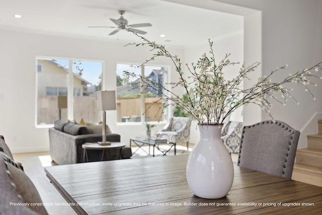 1816 Colquitt St, Houston, TX 77098 - dining room featuring wood finished floors, ceiling fan, stairs, and recessed lighting