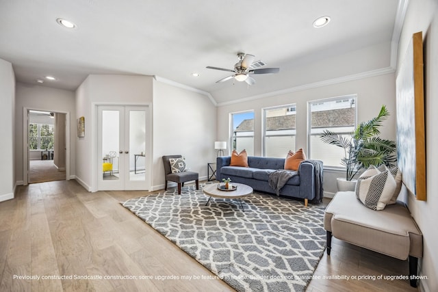 1816 Colquitt St, Houston, TX 77098 - living room featuring french doors, a ceiling fan, recessed lighting, baseboards, and wood finished floors