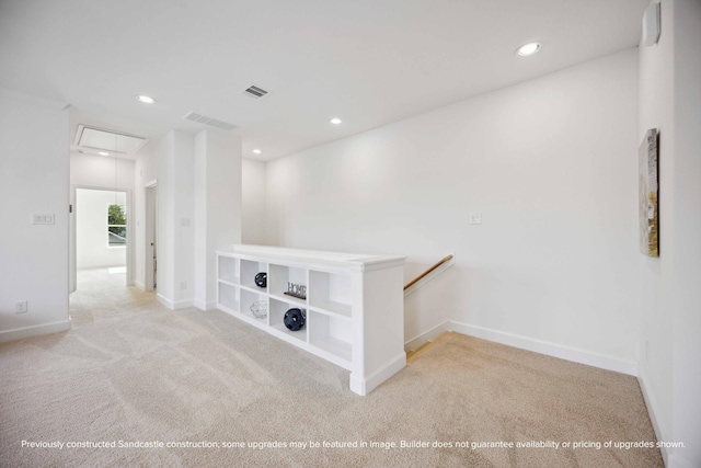1816 Colquitt St, Houston, TX 77098 - hall featuring attic access, an upstairs landing, carpet flooring, baseboards, and recessed lighting