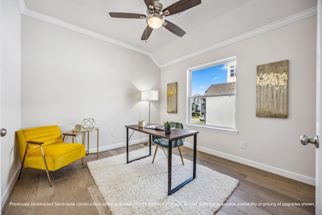 1816 Colquitt St, Houston, TX 77098 - office space with crown molding, baseboards, wood finished floors, lofted ceiling, and a ceiling fan