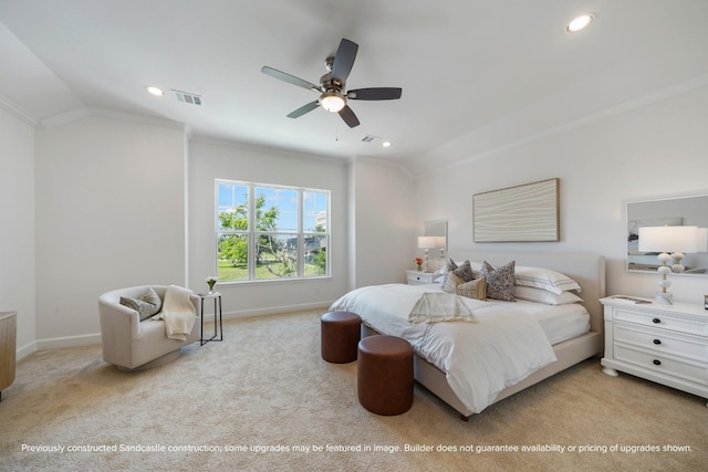 1816 Colquitt St, Houston, TX 77098 - carpeted bedroom featuring baseboards, crown molding, vaulted ceiling, recessed lighting, and ceiling fan