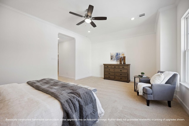 1816 Colquitt St, Houston, TX 77098 - bedroom featuring light carpet, baseboards, crown molding, recessed lighting, and a ceiling fan