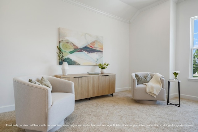 1816 Colquitt St, Houston, TX 77098 - sitting room with ornamental molding, light colored carpet, baseboards, and vaulted ceiling