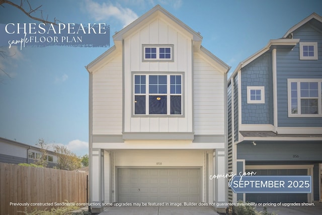 1816 Colquitt St, Houston, TX 77098 - view of front facade with a garage, board and batten siding, and driveway