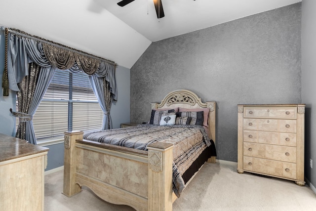 3915 Garnet Fls, Sugar Land, TX 77479 - bedroom featuring light colored carpet, lofted ceiling, baseboards, and a ceiling fan