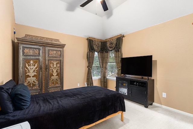 3915 Garnet Fls, Sugar Land, TX 77479 - bedroom featuring light colored carpet, a ceiling fan, vaulted ceiling, and baseboards
