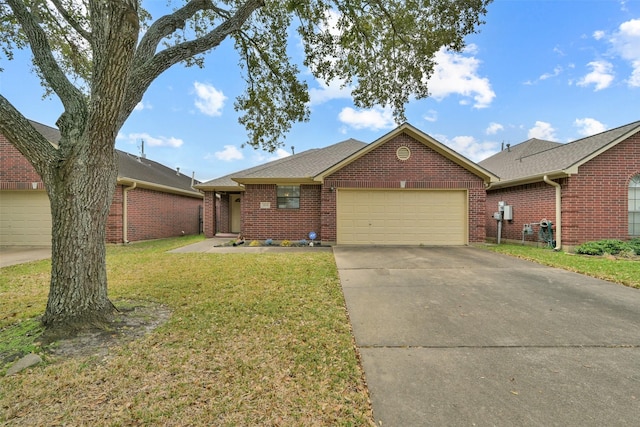 404 Live Oak Ln, Friendswood, TX 77546 - ranch-style home with a garage, brick siding, a front lawn, driveway, and roof with shingles