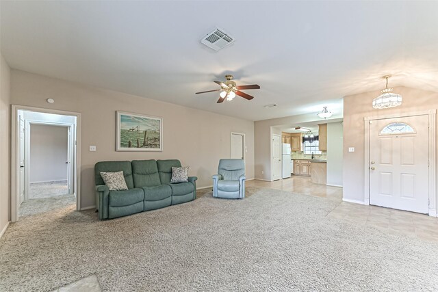 404 Live Oak Ln, Friendswood, TX 77546 - living area with a ceiling fan, baseboards, a chandelier, and light carpet