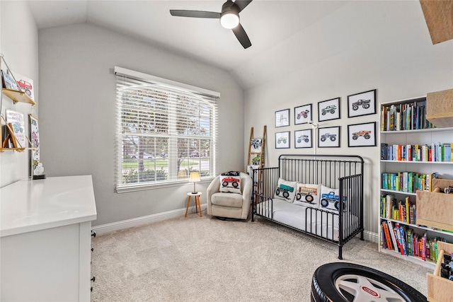 18810 Peachleaf Willow Trce, Cypress, TX 77429 - bedroom featuring vaulted ceiling, carpet, baseboards, a crib, and a ceiling fan