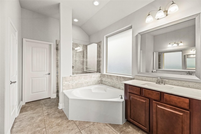 18810 Peachleaf Willow Trce, Cypress, TX 77429 - bathroom with a garden tub, vanity, a shower stall, tile patterned floors, and recessed lighting