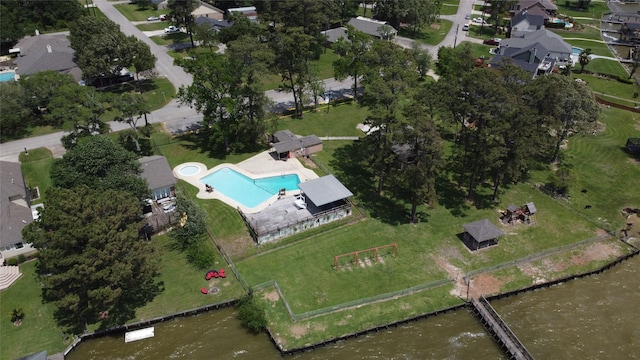 3303 Indian Mound Trl, Crosby, TX 77532 - aerial view of property and surrounding area featuring a pool area and a large body of water