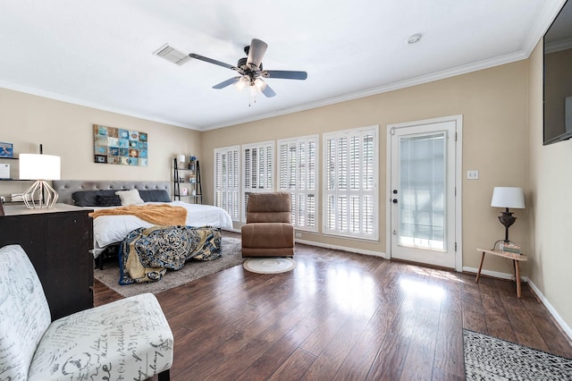9911 Oxted Ln, Spring, TX 77379 - bedroom with access to exterior, ornamental molding, wood finished floors, baseboards, and ceiling fan