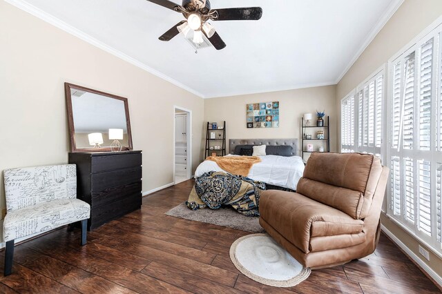 9911 Oxted Ln, Spring, TX 77379 - bedroom with ornamental molding, hardwood / wood-style floors, baseboards, ceiling fan, and ensuite bathroom