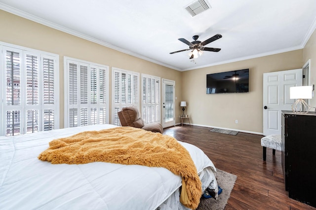 9911 Oxted Ln, Spring, TX 77379 - bedroom featuring ornamental molding, access to exterior, dark wood finished floors, baseboards, and ceiling fan
