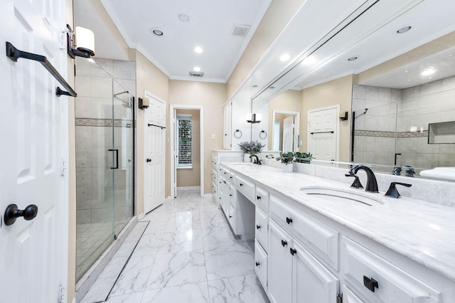 9911 Oxted Ln, Spring, TX 77379 - full bath with double vanity, a shower stall, marble finish floors, crown molding, and recessed lighting