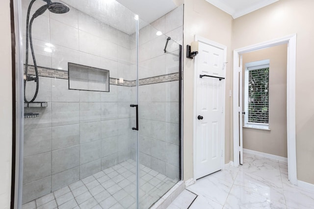 9911 Oxted Ln, Spring, TX 77379 - full bath featuring a shower stall, baseboards, and marble finish floors