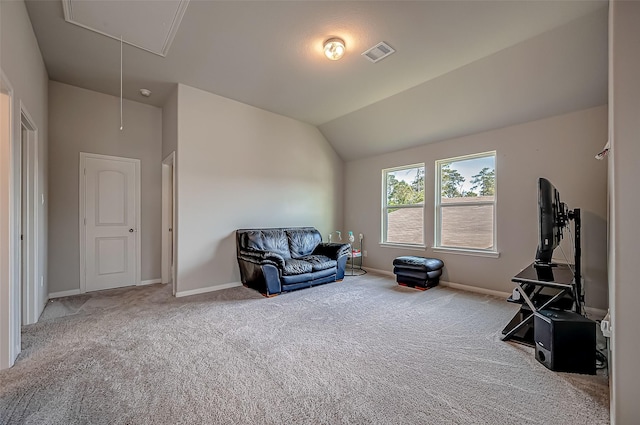 15055 Meadow Gln N, Conroe, TX 77306 - living area featuring attic access, carpet, baseboards, and lofted ceiling