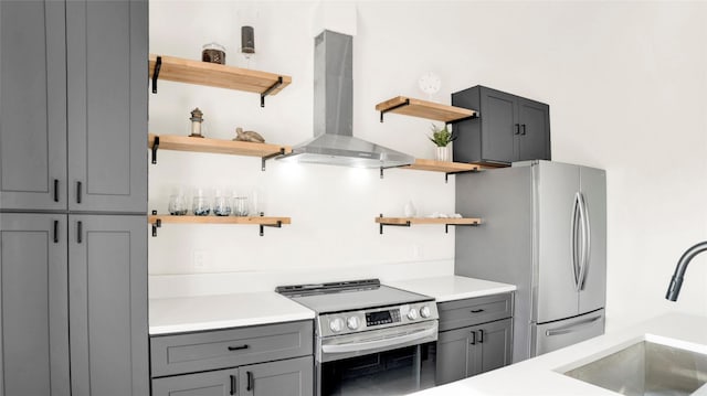 1066 Shady Ln, Gilchrist, TX 77650 - kitchen featuring open shelves, wall chimney range hood, appliances with stainless steel finishes, gray cabinets, and a sink