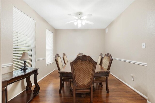 8418 Kirkbrook Dr, Houston, TX 77089 - dining space featuring ceiling fan, wood finished floors, and baseboards