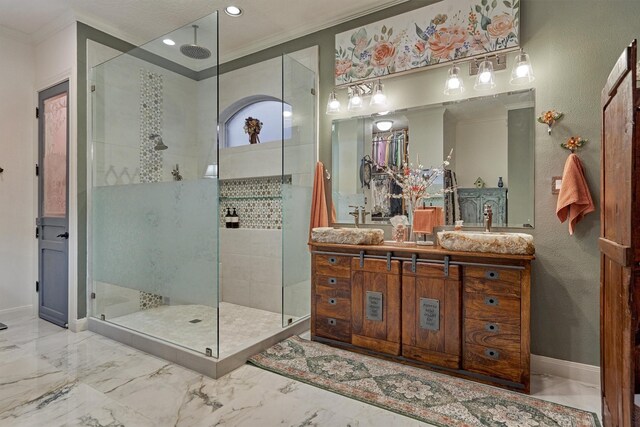 167 Monterrey Rd E, Montgomery, TX 77356 - full bathroom with crown molding, a shower stall, vanity, marble finish floors, and recessed lighting