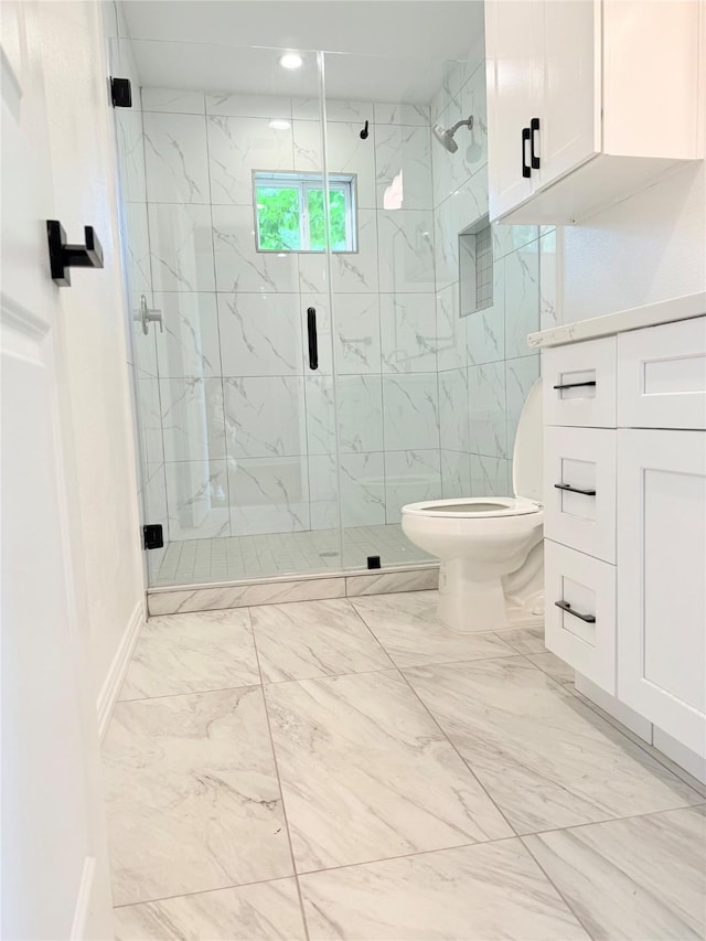 115 Penick Rd, Waller, TX 77484 - full bathroom featuring marble finish flooring, toilet, baseboards, a marble finish shower, and recessed lighting