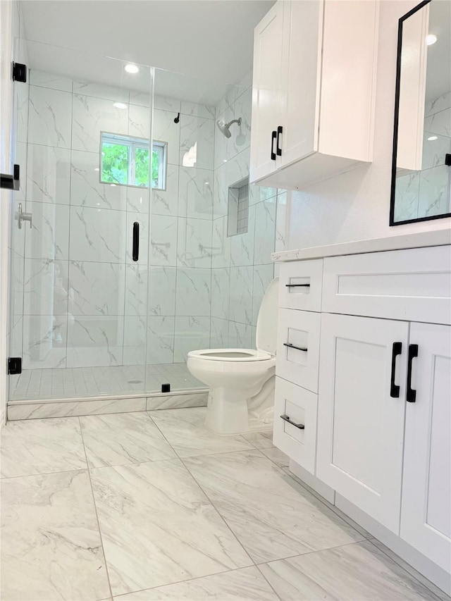 115 Penick Rd, Waller, TX 77484 - bathroom with marble finish floors, toilet, a marble finish shower, vanity, and recessed lighting