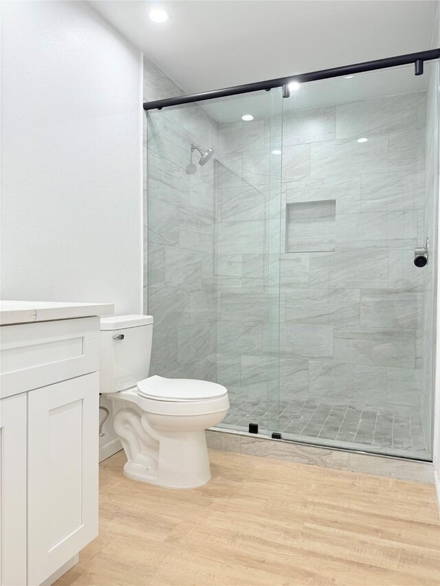 115 Penick Rd, Waller, TX 77484 - full bath featuring toilet, a stall shower, wood finished floors, vanity, and recessed lighting