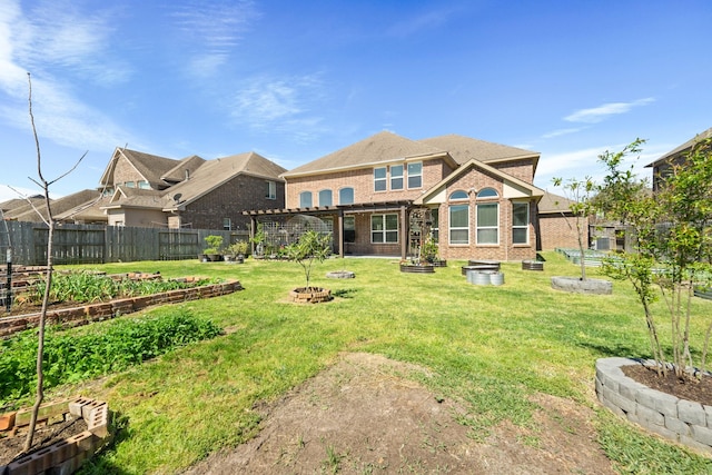 25611 Kearsley Dr, Katy, TX 77494 - back of property with a garden, brick siding, a pergola, and an outdoor fire pit
