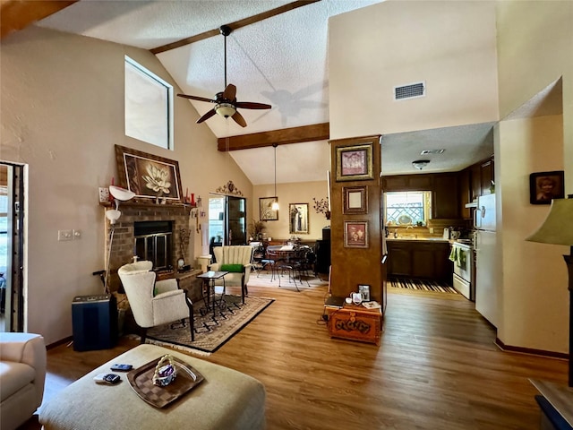 1347 Cardinal Ln, Trinity, TX 75862 - living room with high vaulted ceiling, a ceiling fan, plenty of natural light, dark wood-style flooring, and a fireplace
