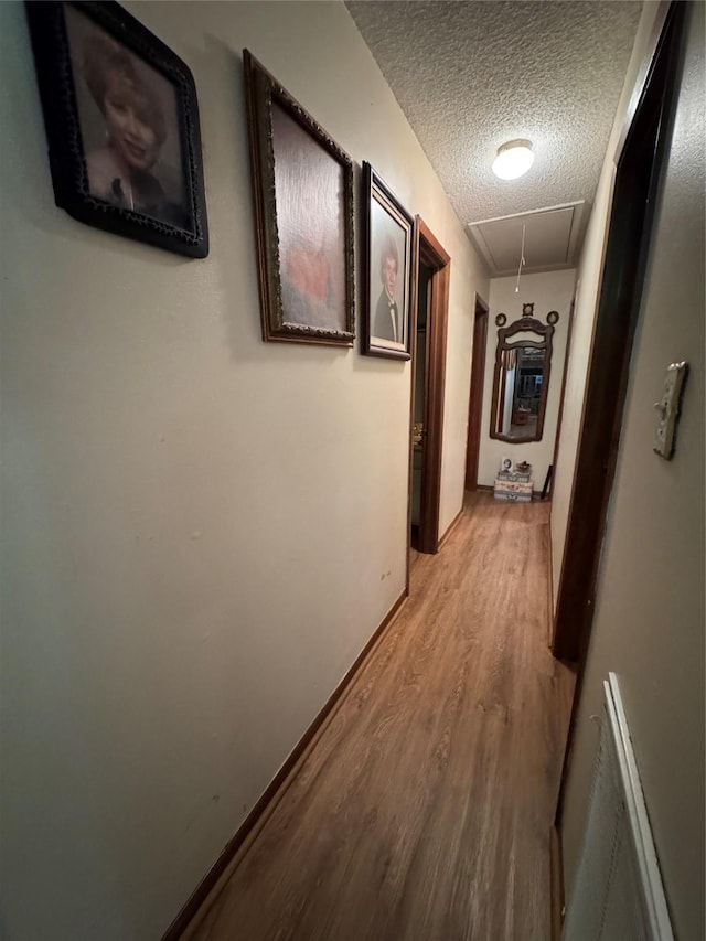 1347 Cardinal Ln, Trinity, TX 75862 - corridor featuring attic access, light wood finished floors, a textured ceiling, and radiator