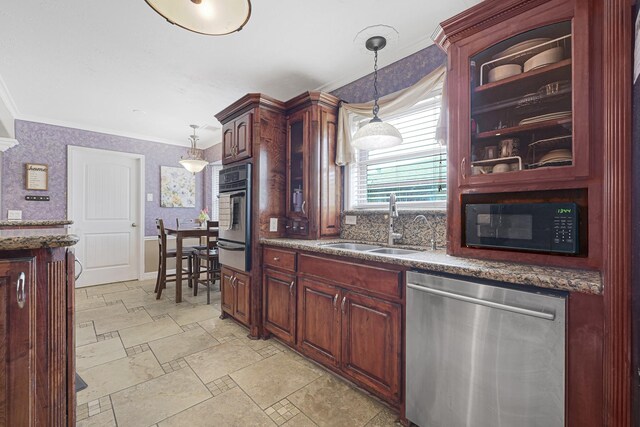 2218 Cherry Ln, Pasadena, TX 77502 - kitchen featuring stainless steel appliances, a sink, a warming drawer, crown molding, and hanging light fixtures