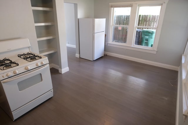 4737 Jefferson St, Houston, TX 77023 - kitchen featuring white appliances, baseboards, dark wood-style floors, and open shelves