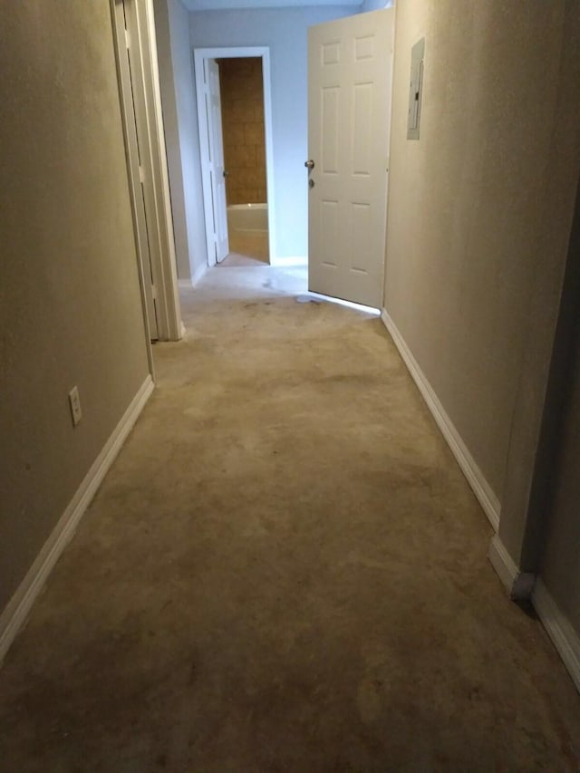 2152 William Tell St, Houston, TX 77093 - hall featuring baseboards, light carpet, and electric panel