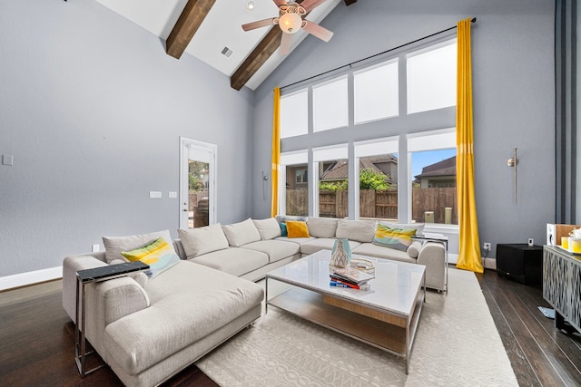 6407 Caparra Rock Ln, Sugar Land, TX 77479 - living area featuring high vaulted ceiling, beamed ceiling, dark wood-style floors, ceiling fan, and baseboards