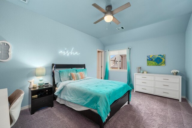 6407 Caparra Rock Ln, Sugar Land, TX 77479 - bedroom featuring carpet, vaulted ceiling, baseboards, and ceiling fan