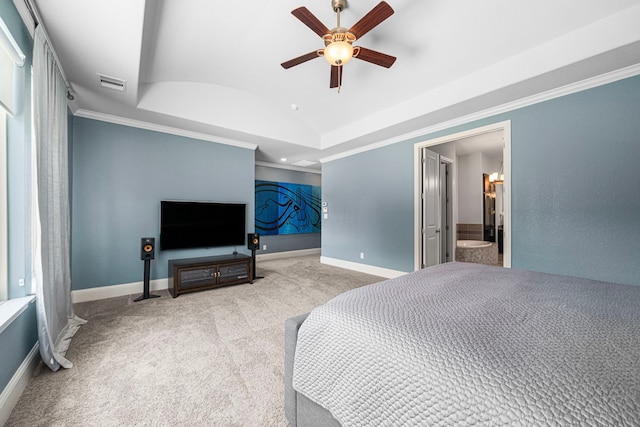 6407 Caparra Rock Ln, Sugar Land, TX 77479 - bedroom with lofted ceiling, carpet floors, ornamental molding, baseboards, and a tray ceiling