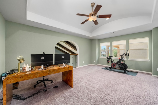6407 Caparra Rock Ln, Sugar Land, TX 77479 - carpeted office featuring vaulted ceiling, baseboards, and ceiling fan