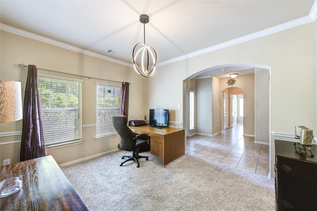 10531 Sunflower Dr, Willis, TX 77318 - office space featuring arched walkways, ornamental molding, light colored carpet, baseboards, and light tile patterned floors