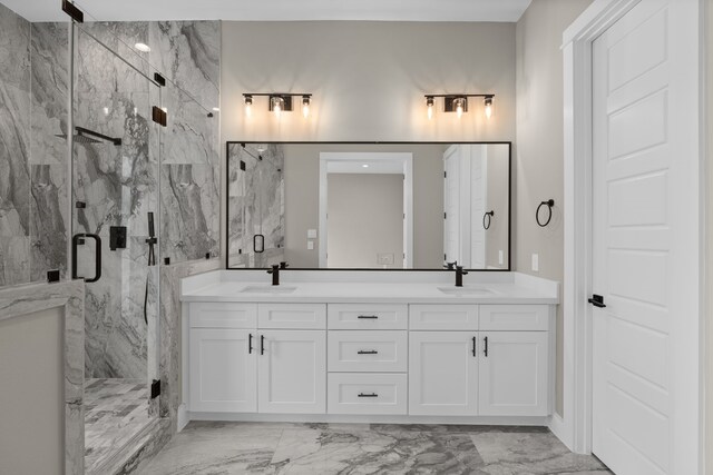 1139 W 22nd St, Houston, TX 77008 - bathroom with marble finish floors, a marble finish shower, and double vanity