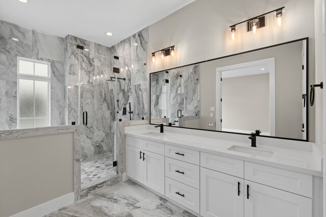 1139 W 22nd St, Houston, TX 77008 - full bathroom featuring marble finish flooring, a marble finish shower, double vanity, and recessed lighting