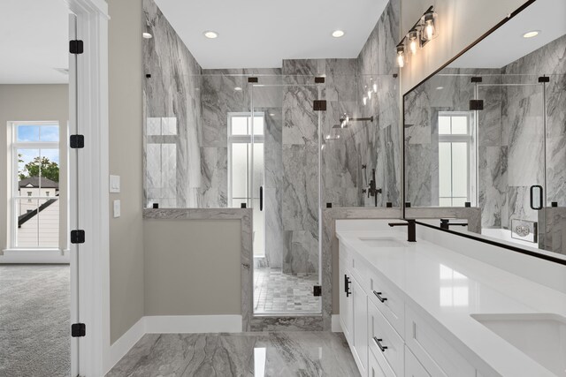 1139 W 22nd St, Houston, TX 77008 - bathroom with marble finish floors, plenty of natural light, a marble finish shower, and recessed lighting