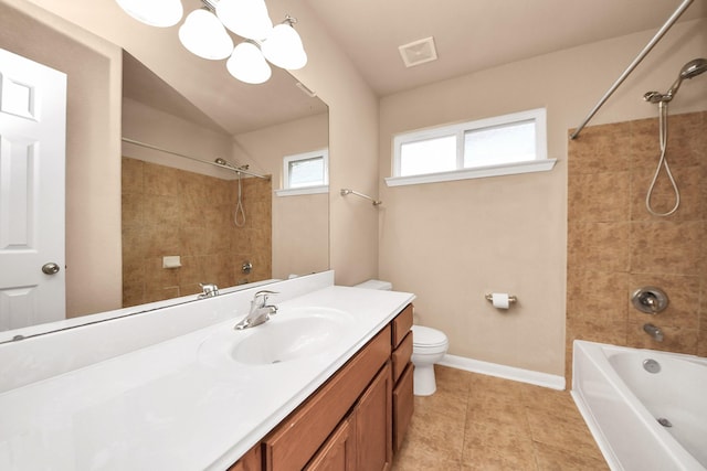 7315 Palmito Ranch Dr, Richmond, TX 77406 - bathroom with vanity, shower / bathtub combination, toilet, tile patterned floors, and baseboards