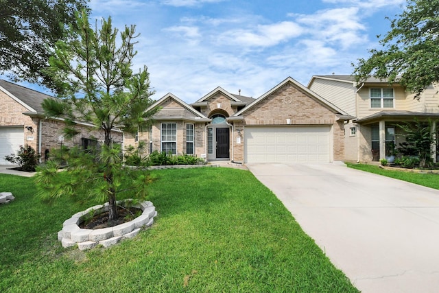 7315 Palmito Ranch Dr, Richmond, TX 77406 - view of front of home featuring an attached garage, concrete driveway, a front lawn, and brick siding