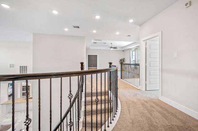 453 Stratus View Ct, Katy, TX 77493 - hallway featuring an upstairs landing, light colored carpet, recessed lighting, and baseboards