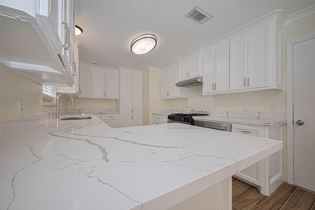 7130 Walkway St, Houston, TX 77036 - kitchen with a sink, gas range, under cabinet range hood, light stone countertops, and white cabinets