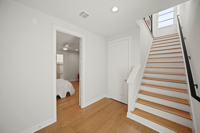 828 Wakefield Dr Unit B, Houston, TX 77018 - staircase featuring wood finished floors, recessed lighting, baseboards, and a ceiling fan