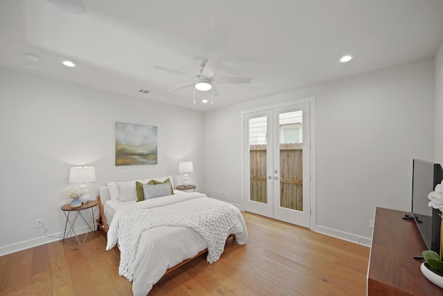 828 Wakefield Dr Unit B, Houston, TX 77018 - bedroom featuring french doors, recessed lighting, baseboards, light wood-style flooring, and ceiling fan